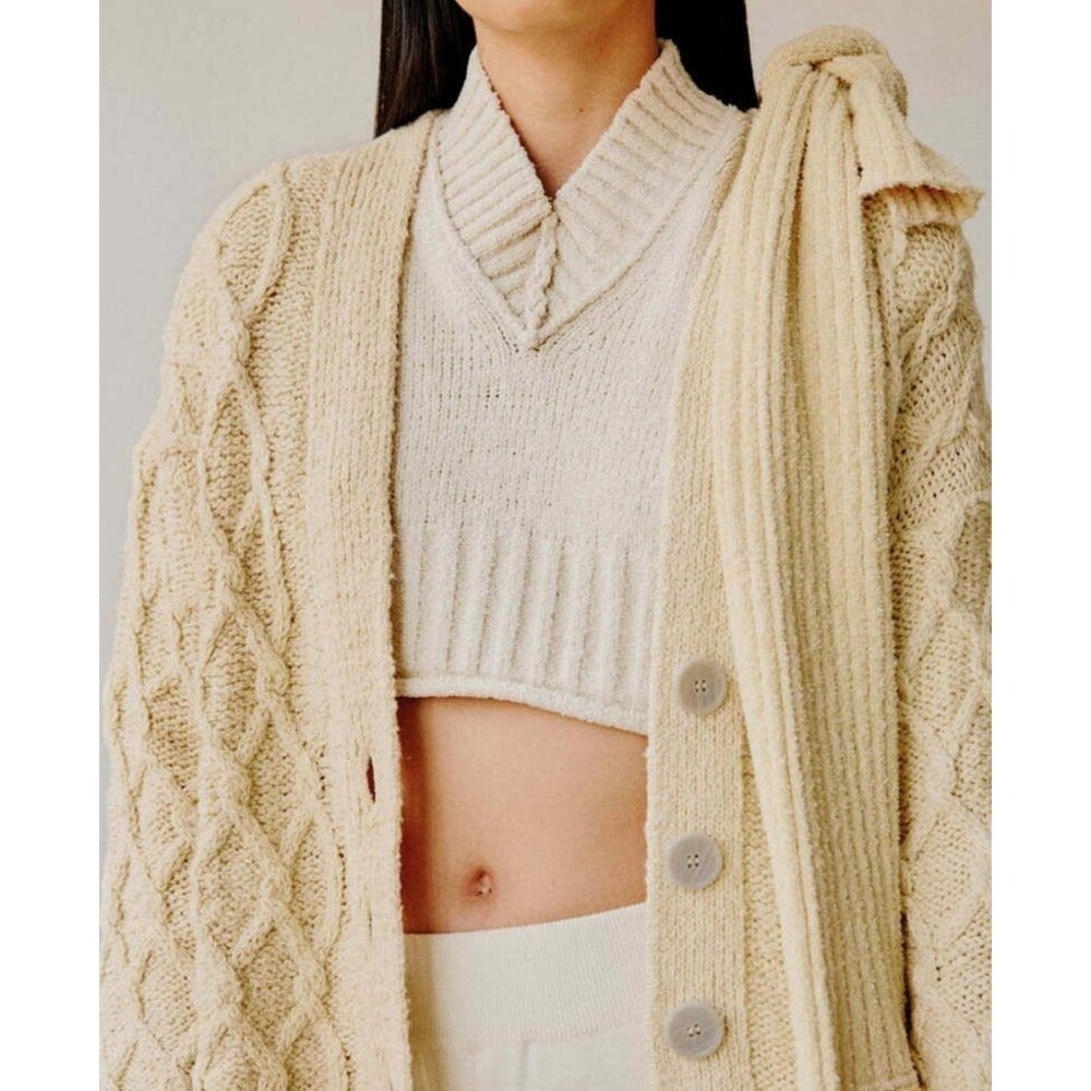 Rus Umeboshi Sweater Vest S V Neck Cropped Chunky Ribbed Knit Cream Italian Silk